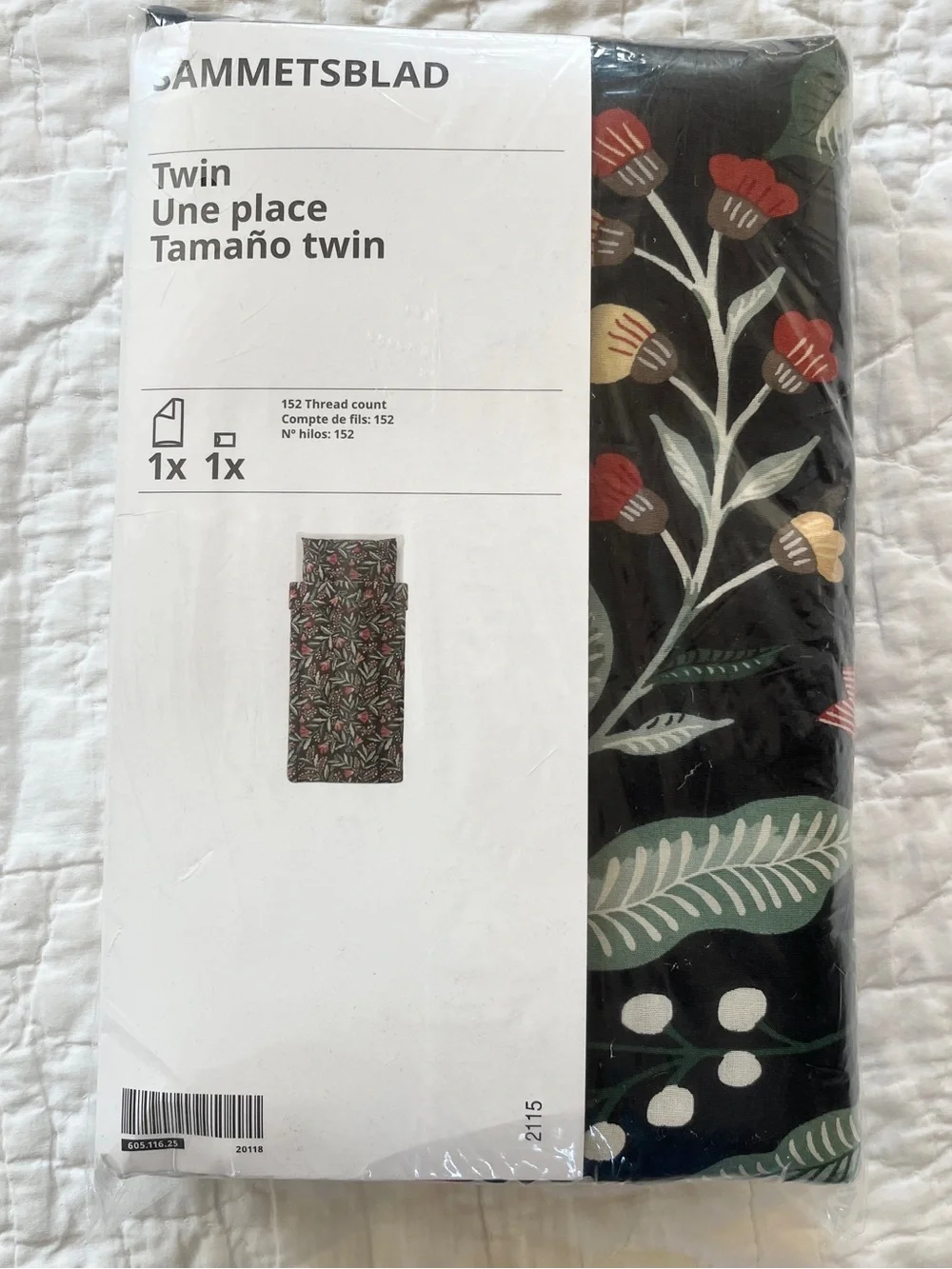 NEW IKEA SAMMETSBLAD Twin Duvet Cover Sham Black Floral Green Red 100% Cotton